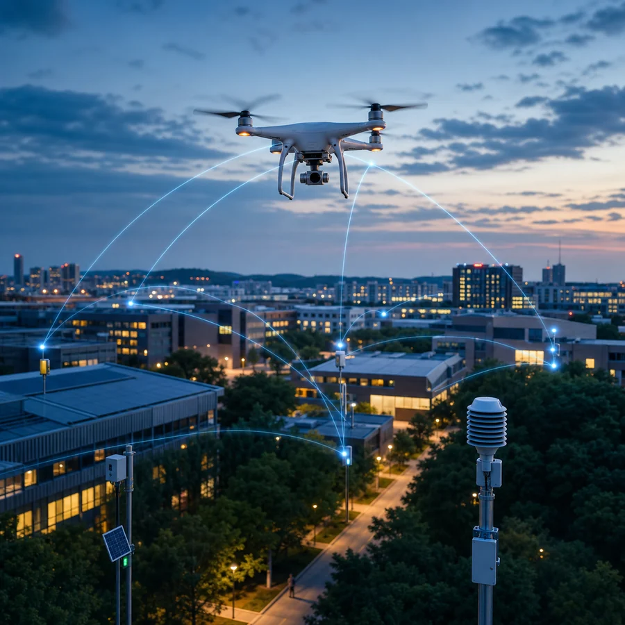 Research drone connected to IoT sensors across a smart campus
