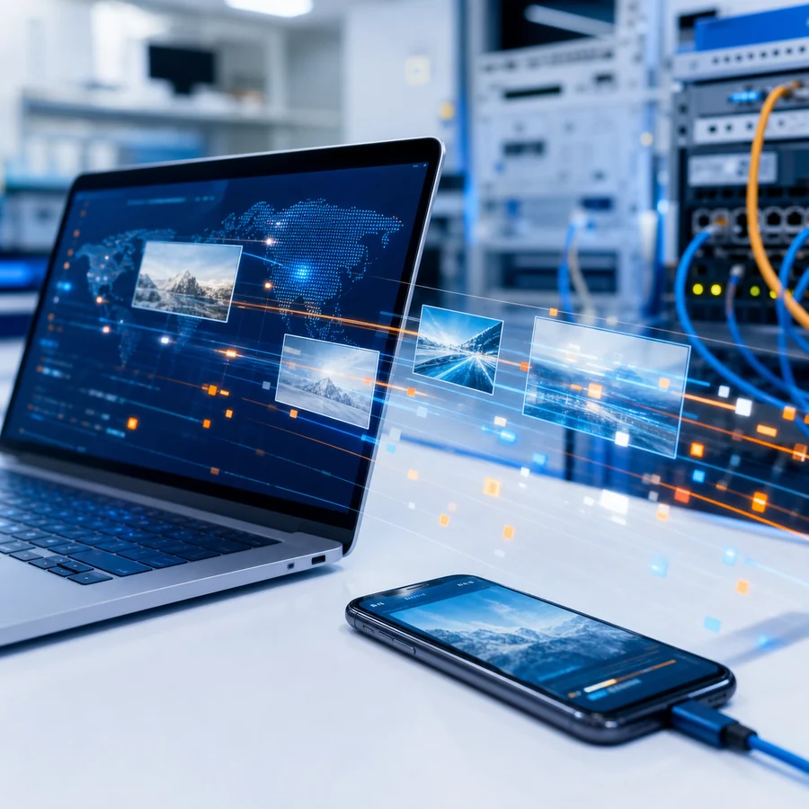 Web and video data flowing between a laptop and mobile device